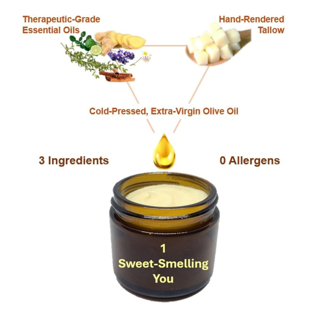 Beef Tallow Mens Natural Deodorant – 2 Fl. Oz. Travel Size Deodorant with Olive Oil, Fir Tree and Thyme Essential Oil Blend – Aluminum- and Chemical-Free Underarm Balm